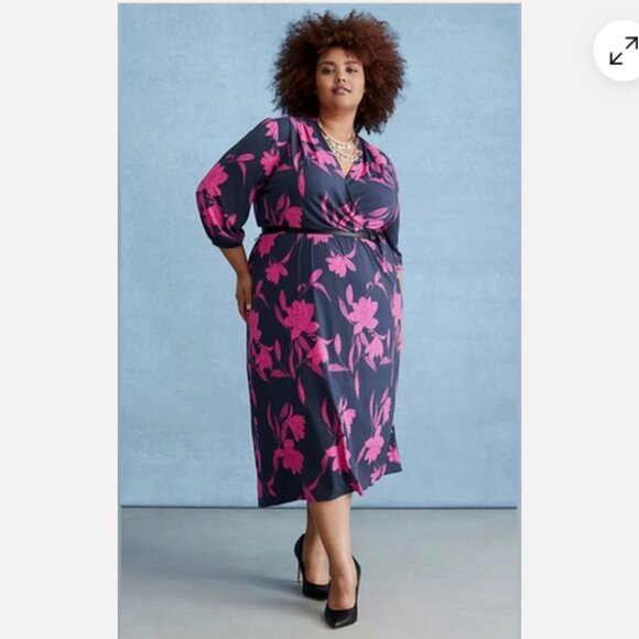 Plus size Women's 30/32 Jersey Knit Dress Fuschia Navy Print Lane Bryant - Picture 1 of 3